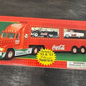 Coca Cola Red Toy Transporter Truck with Black and White Classic Cars